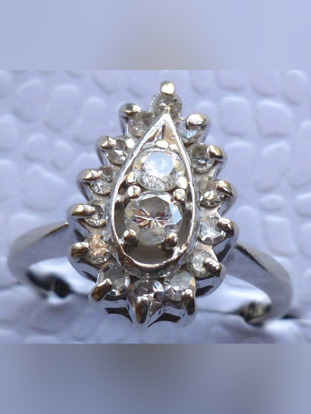 Solid 14K White Gold & Diamond Pear Shaped Cluster Ring Size 5